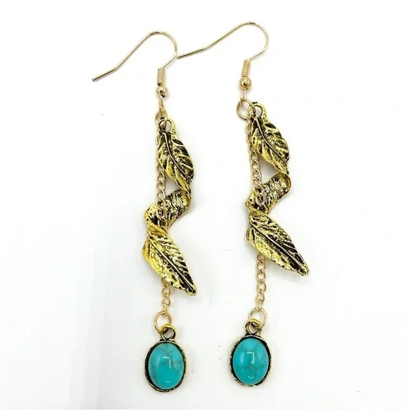 Boho Chic Festival Gold tone & Faux Turquoise dangle earrings - Picture 3 of 6